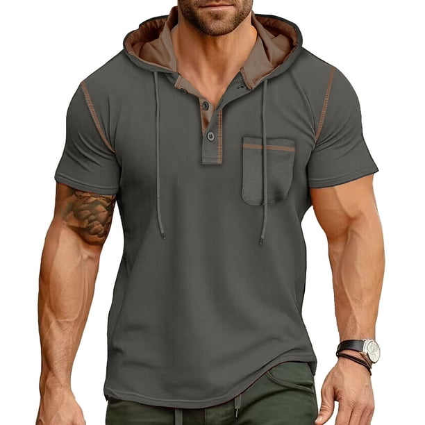 Ceisia Men's Slim Fit Contrast Hooded Henley Short Sleeve Shirt with Chest Pocket Gifts