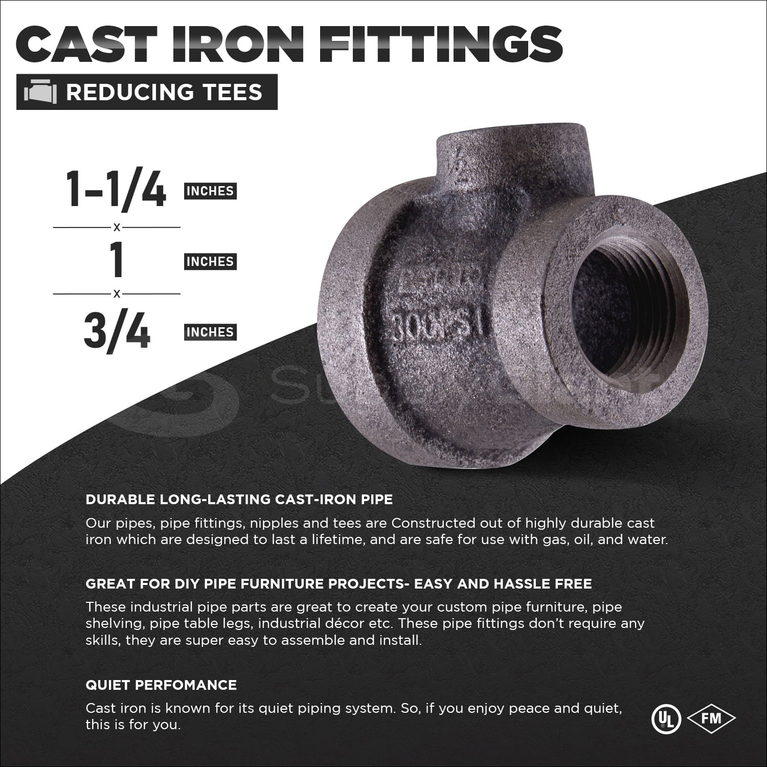 Supply Giant 1-1/4" x 1" x 3/4" BLack Pipe Fitting Reducing Tee Cast Iron