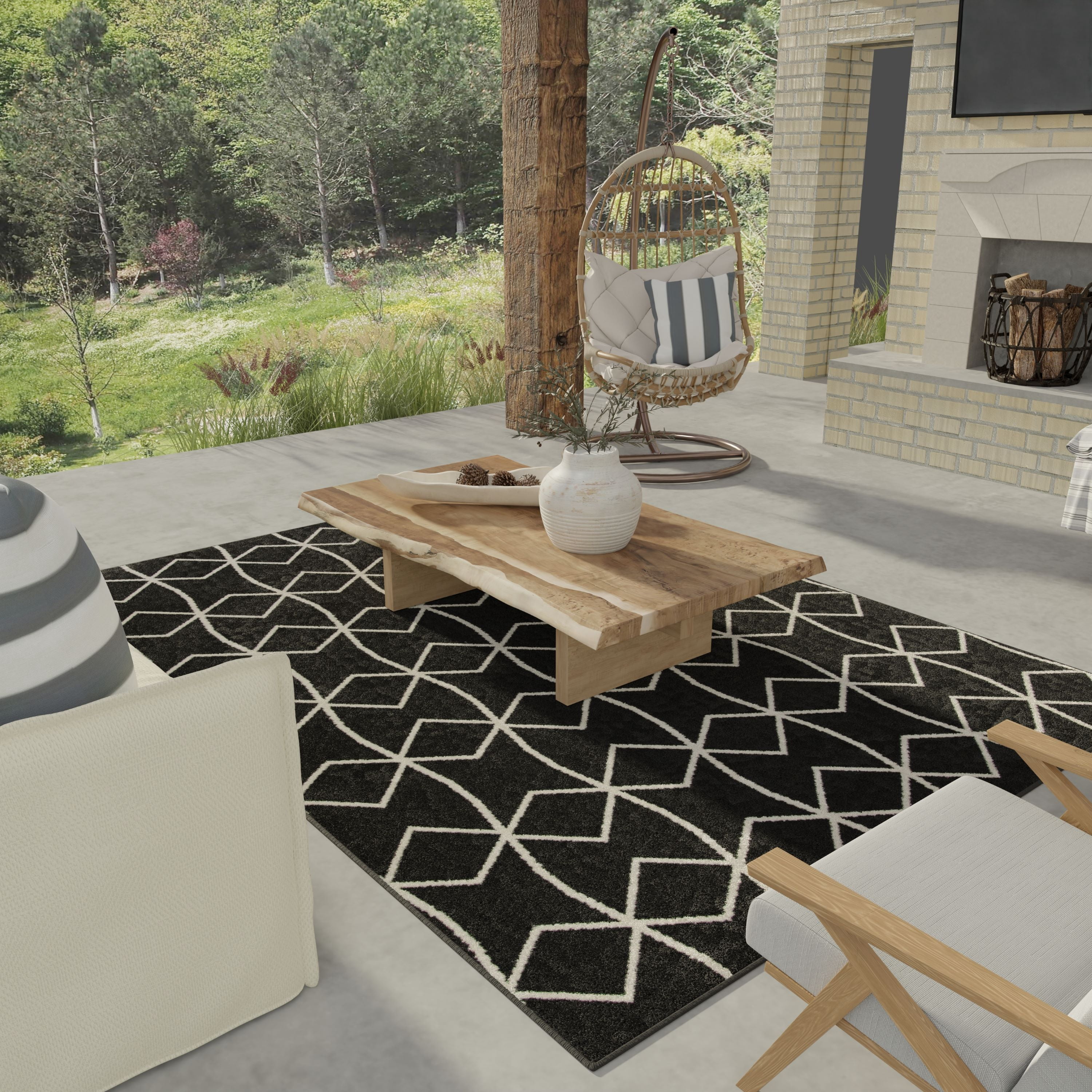 Loomaknoti Terrace Tropic Tamariez 2' x 3' Geometric Indoor/Outdoor Runner Rug , Black/White