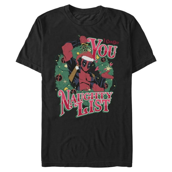Mens Marvel: Deadpool Naughty List Christmas Wreath T Shirt