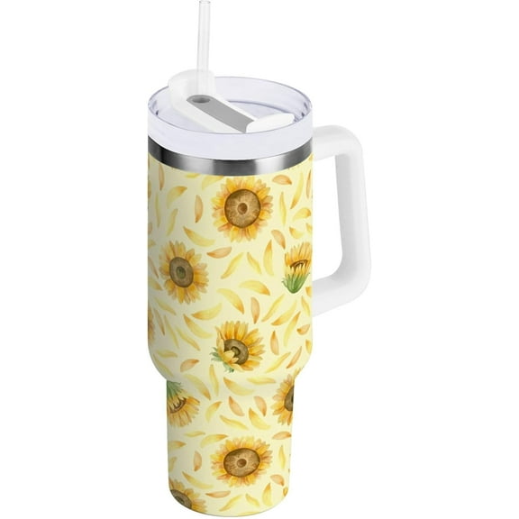 40 oz Tumbler with Handle Lid and Straw Insulated Water Tumbler Stainless Steel Water Cup Mug Bottle Reusable Cup Holder Friendly Yellow Sunflowers