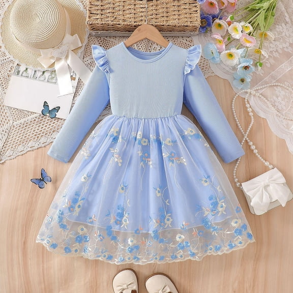 ITSAME Tutu Dress for Girls, Fashion Print Long Sleeve Mesh Princess Dresses Blue 5-6T