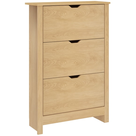HOMCOM Narrow Shoe Cabinet with 3 Flip Drawers Adjustable Shelves, Natural