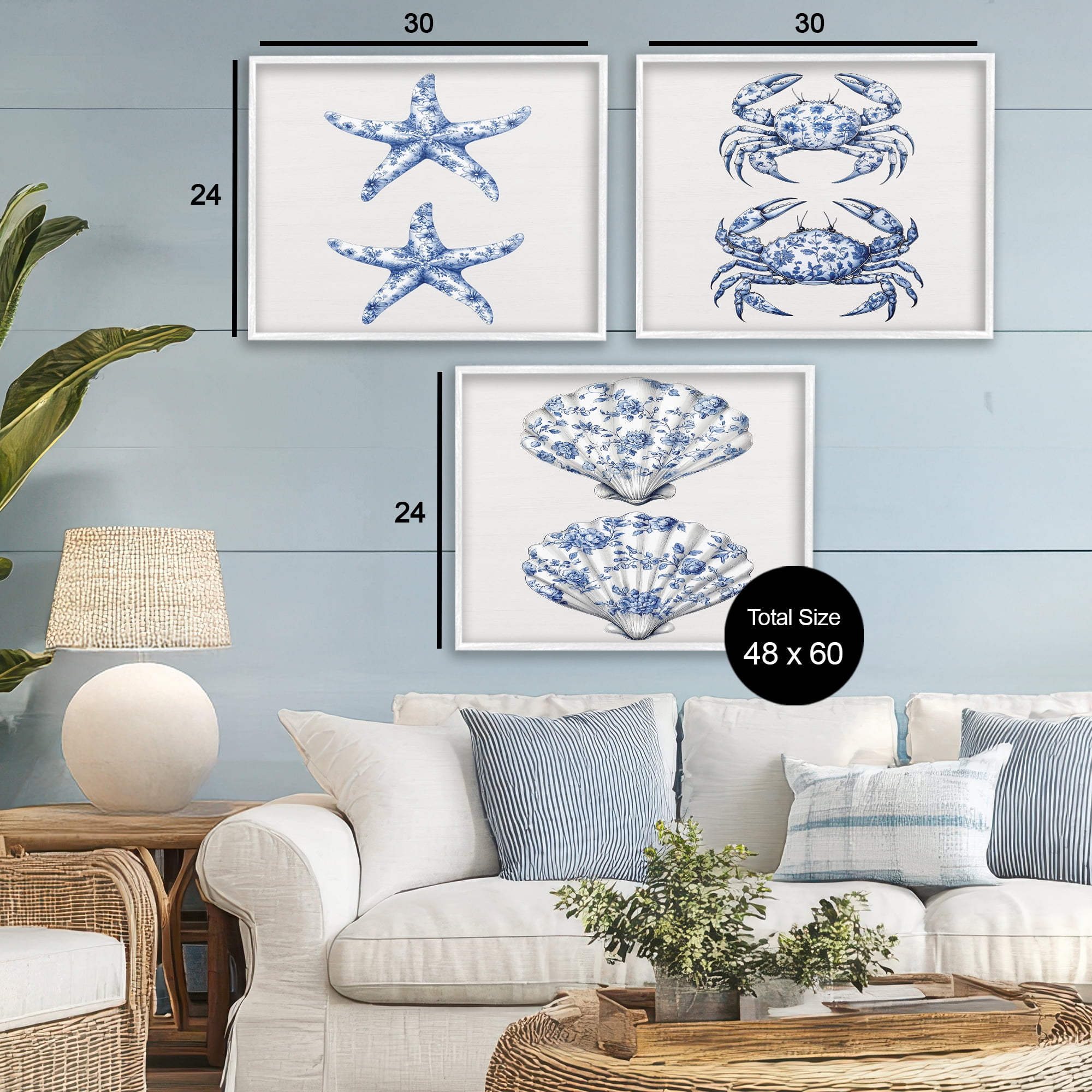 Vintage Toile Starfish & Crabs 3 Piece White Framed Giclee Art Set, design by Lettered and Lined