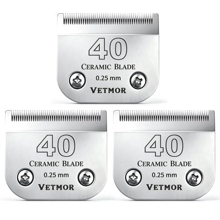 3-Pack Size 40 Ceramic Pet Clipper Replacement Blades Kit, 0.25mm (1/100 Inch) Cut Length, Compatible with Andis, Oster A5, Wahl KM10 Series Clippers and Similar Models (Silver)