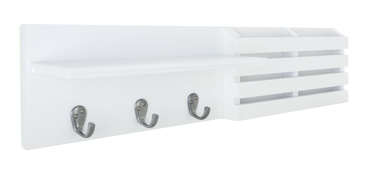 Kiera Grace Sydney Wall Shelf and Mail Holder with Three Hooks, 24"L x 4.5"D X 6"H, White