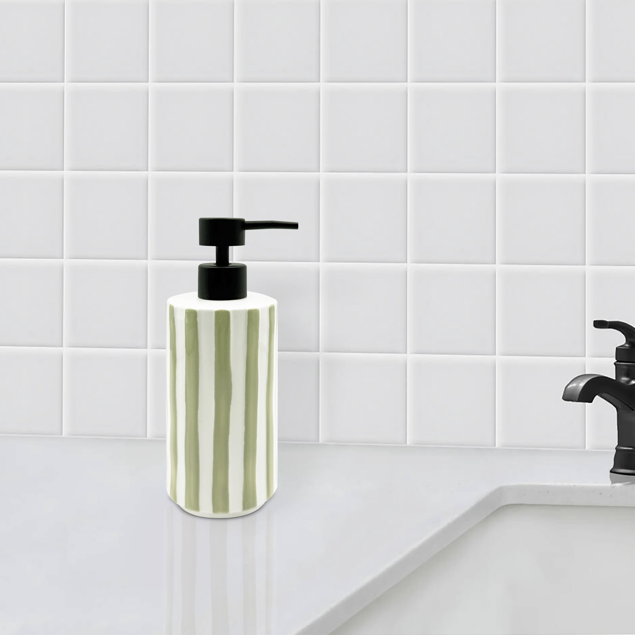 Mainstays Hand-Painted Green Stripe Stoneware Soap Pump