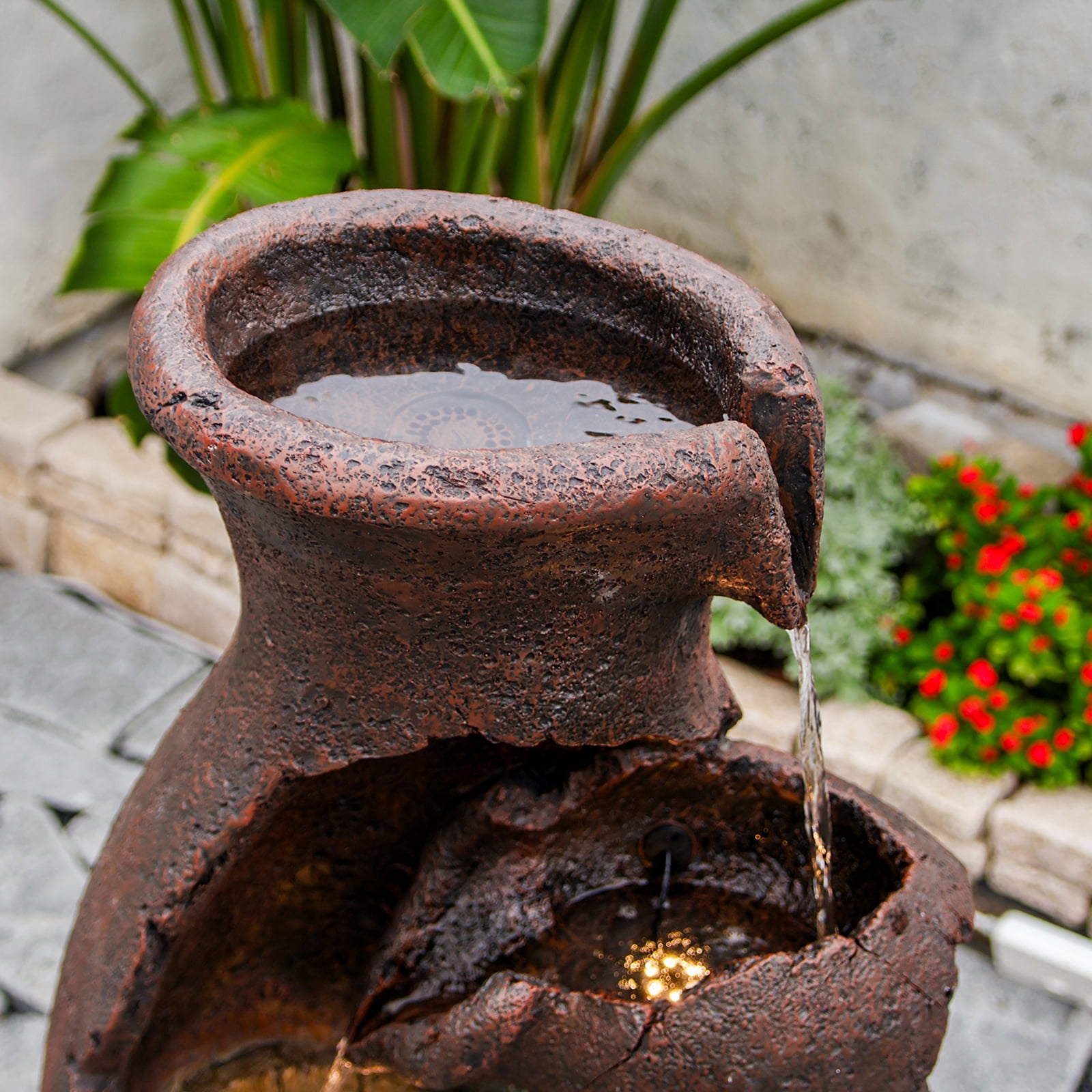 Retro Barrel Water Fountains Indoor 6-Tiered Cascading Waterfall Water Feature 43.31''H Garden Fountain Decor Outdoor with LED Lights and Pump for Lawn Porch Deck Patio