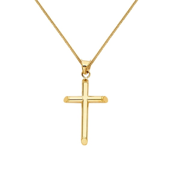 Precious Stars 14K Yellow Solid Gold Traditional 1.10" Cross Unisex Religious Pendant with 16" Chain Necklace