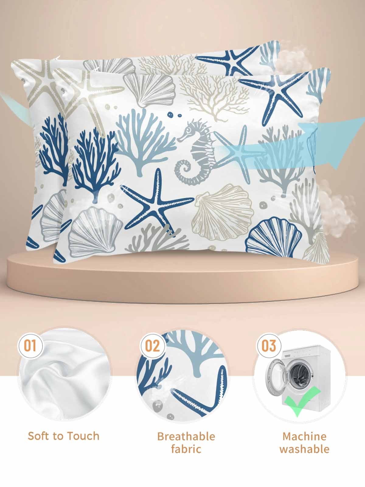 Blue Beige Coastal Pillow Cases Standard Size Set of 2, Smooth Satin Pillowcase for Hair and Skin, Summer Beach Starfish Coral Nautical Decorative Cooling Bed Pillow Covers with Zipper, 20x26 Inches