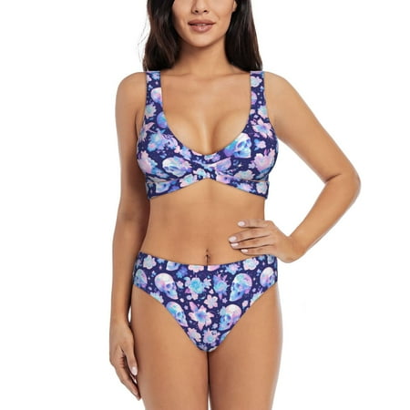 Zeuib flower Skull starry sky High Waisted Tummy Control Bikini Set - Knot Front Push Up Top & Cheeky Thong Bottom  Two-Piece Swimsuit for Women-X-Large