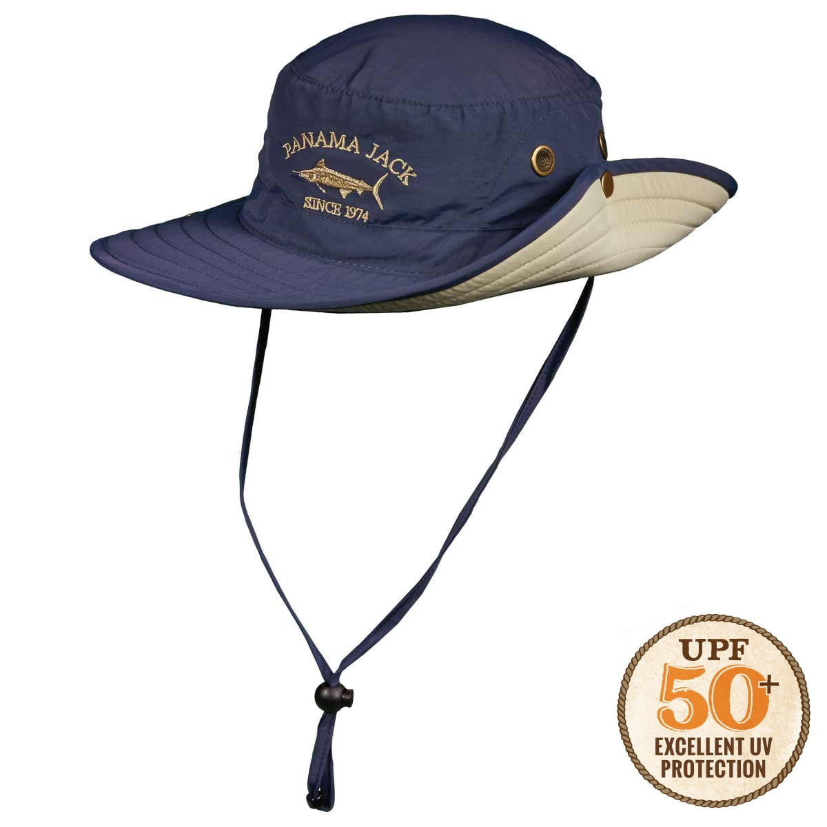 Panama Jack Boonie Fishing Hat - Lightweight, Packable, UPF (SPF) 50+ Sun Protection, 3" Floating Brim (Navy/Khaki, Large)