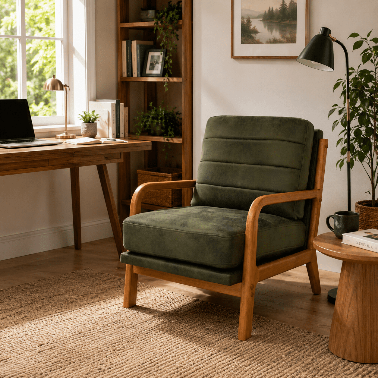 Homy Casa Mid-Century Accent Chair, Upholstered Reading Chair with Wood Frame, Olive Green