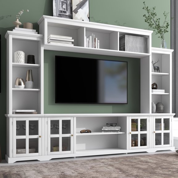 Harper & Bright Designs Entertainment Wall Unit with Bridge, Modern TV Console Table for 70'' TV with Cabinets and Open Shelves, Tempered Glass Door, White