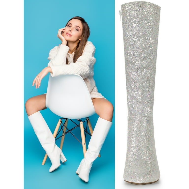 Unique Bargains Women s Pointy Toe Sparkle Glitter Stiletto Heel Knee High Boots Walmart