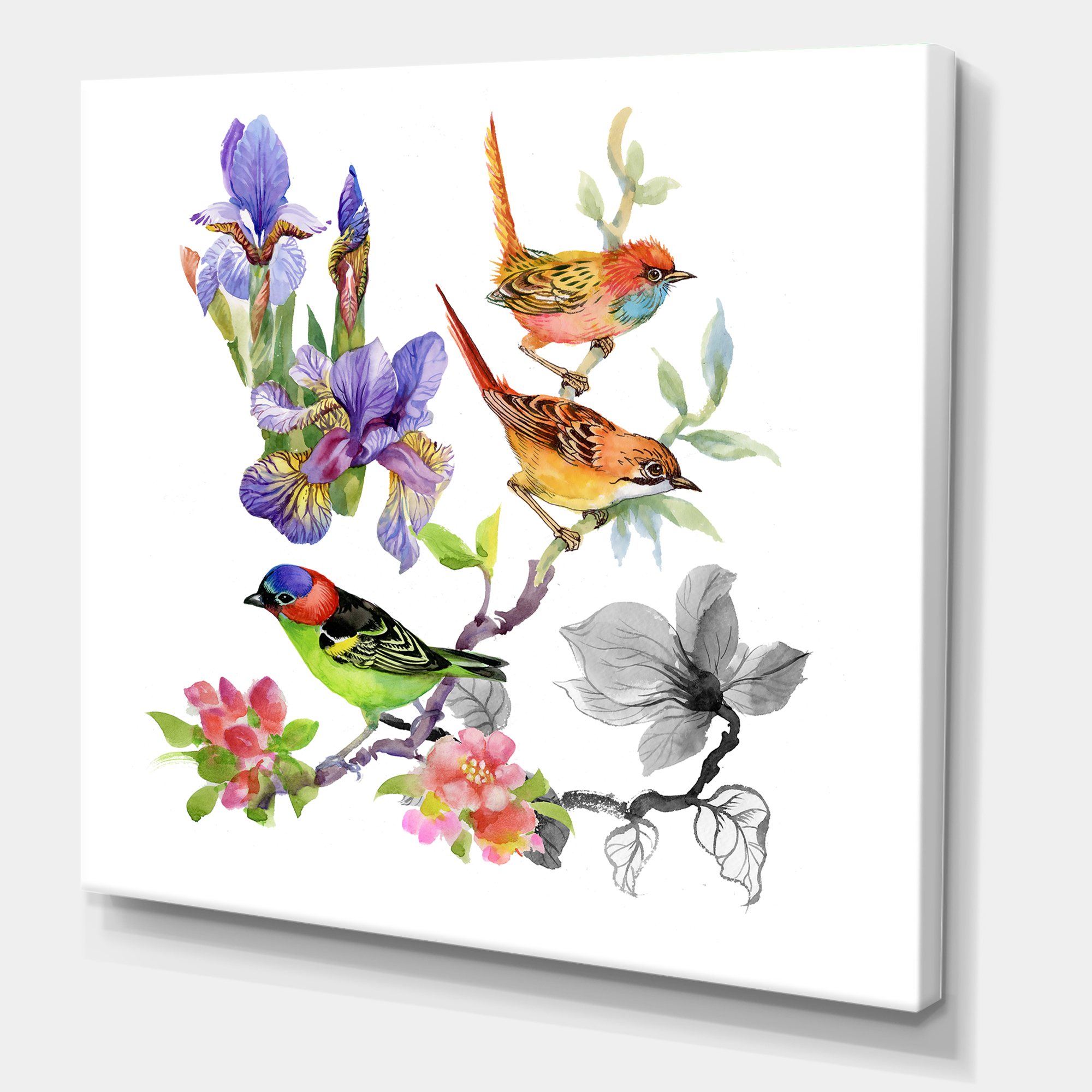 Designart ' Colourful Birds and Tropical Flowers I ' Traditional Canvas Wall Art Print