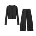 thumbnail image 3 of HH TRAF Conjunto de 2 piezas para mujer, elegante top de punto con escote en V y cintura elástica de un solo pecho, pantalones holgados de cintura alta de 4 colores para mujer, 3 of 5