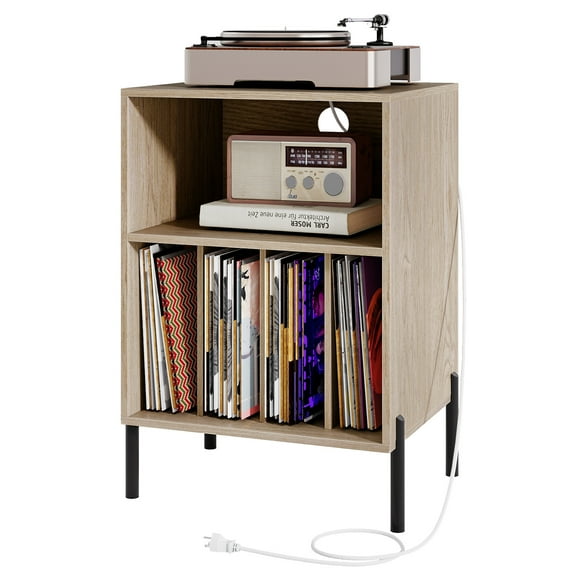 Gymax Record Player Stand w/Charging Station 5 Storage Compartments Anti-toppling Kits