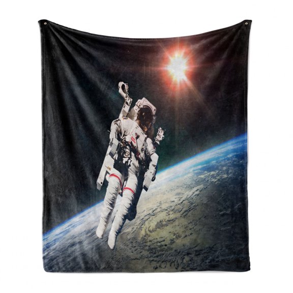 Galaxy Soft Flannel Fleece Blanket, Astronaut Man Floating over Earth with Powerful Sun Beams in Background Image Print, Cozy Plush for Indoor and Outdoor Use, 50" x 60", Orange Grey, by Ambesonne
