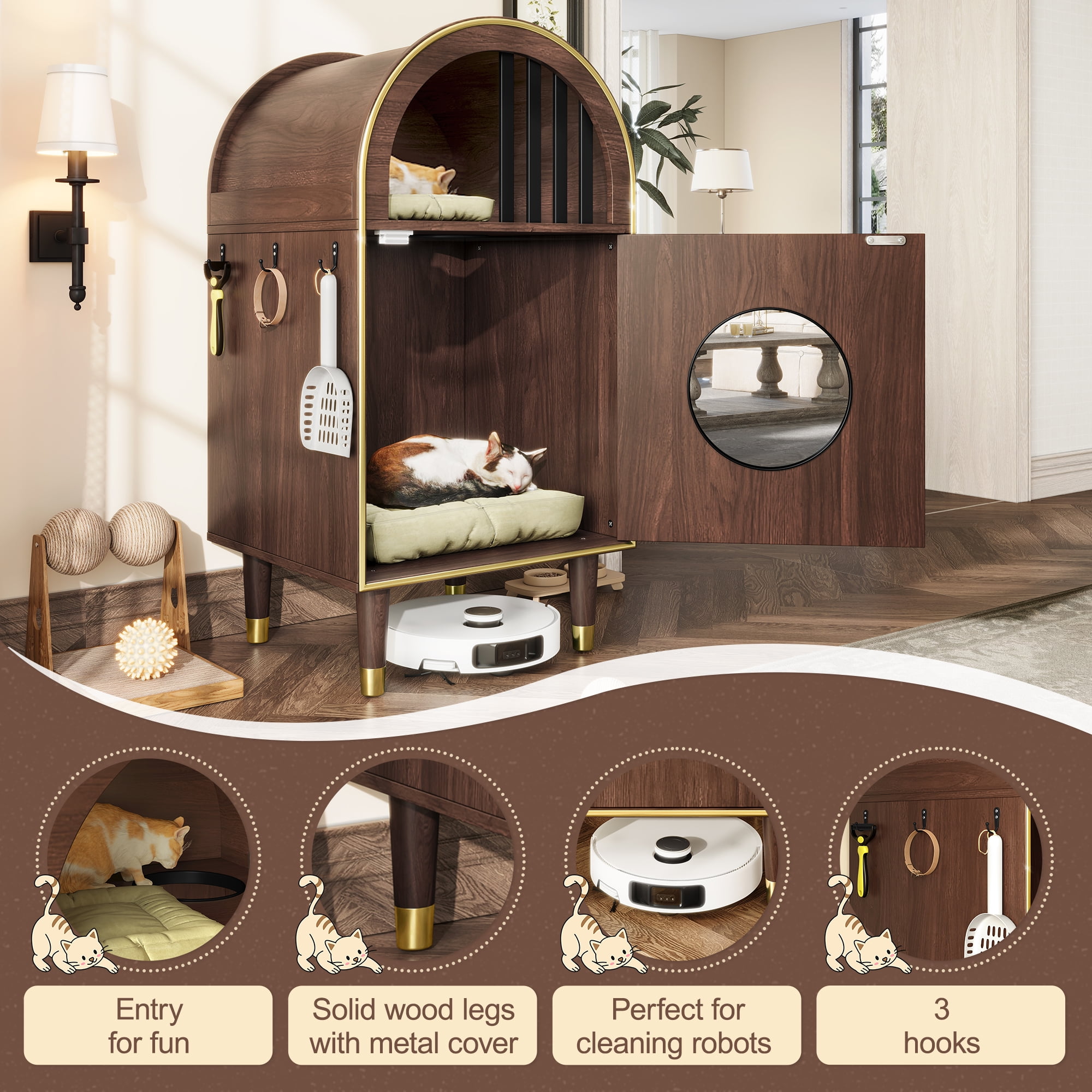 Cat Litter Box Enclosure 2-In-1 Condo Bed Two Level Haven 29.87LBS 44LBS Capacity Modern Arch Espresso Natural Wood Grain Dual Cat Shelter Furniture Side Hooks Plus Robot Vacuum Compatible For Home