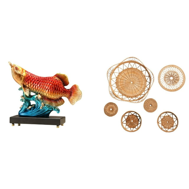 Conjunto de estatuas de peces arowana, figuras de peces, artesanías de pared, adorno decorativo colgante de resina de ratán para estante, escritorio,