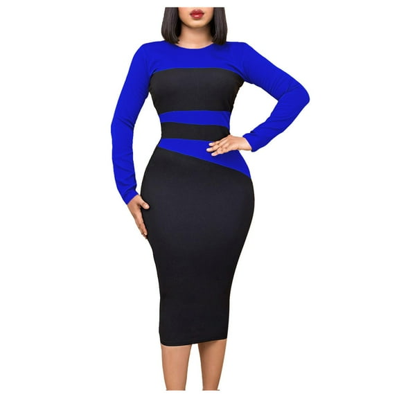 IROINNID Savings Semi Formal Dress for Women Long Sleeve Bodycon Dress Sexy Elegant And Solid Colorful Wrapped Hip Dress,Blue