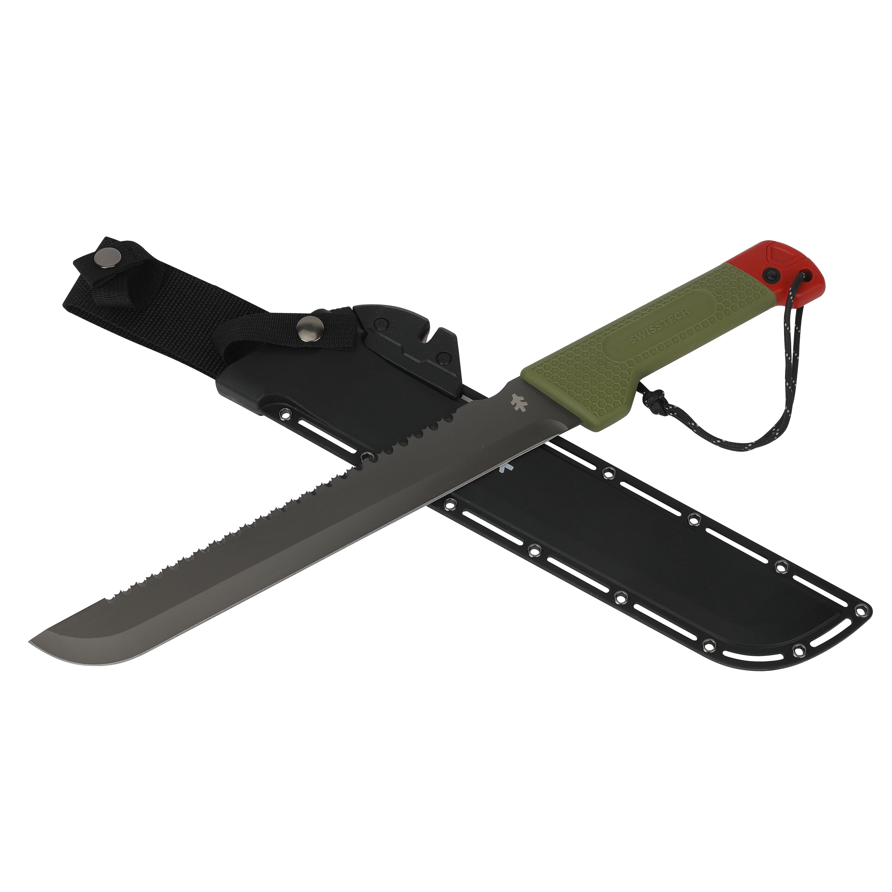 Swiss Tech 18-inch Sawtooth Machete, Titanium-Coated Stainless Steel Blade, Green