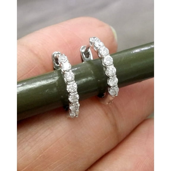 1Carat White Diamond Hoops Huggies Earrings in 14k White Gold plated Silver