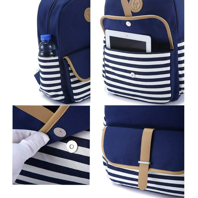 School Backpacks for Women Girls Lightweight Canvas Stripe Backpack Cute  Teen Bookpacks Set Bookbags+Insulated Lunch Bag+Pouch (Navy blue)