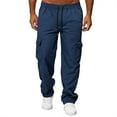 thumbnail image 2 of Men's Multi-Pocket Drawstring Work Pants, Fashion Casual Elastic Waist Cargo Trousers for Outdoor and Hiking,Navy,M, 2 of 7