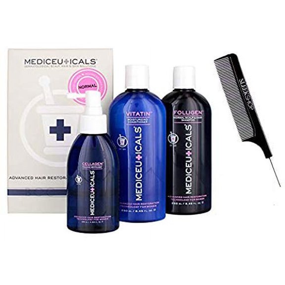 Therapro Mediceuticals Women's STARTER KIT, Shampoo Conditioner Cellagen Follicle SET, Normal OR Chemically-Treated Hair (w/Sleek Comb) Woman (Natural/Normal Hair)