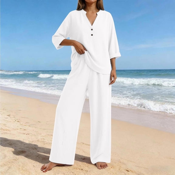 Cagogo Women Plus Size 3/4 Sleeve V Neck Two Piece Set Casual Wide Leg Pants Outfits Solid Basic Loungewear Travel Airport Clothes Matching Lounge Tracksuits, White M