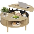 thumbnail image 7 of Round Lift Top Coffee Table, Modern Coffee Table with 180° Curved Sliding Door, Fluted Accent Coffee Tables with Hidden Storage and Open Shelves, for Living Room, Office, Oak, 7 of 7
