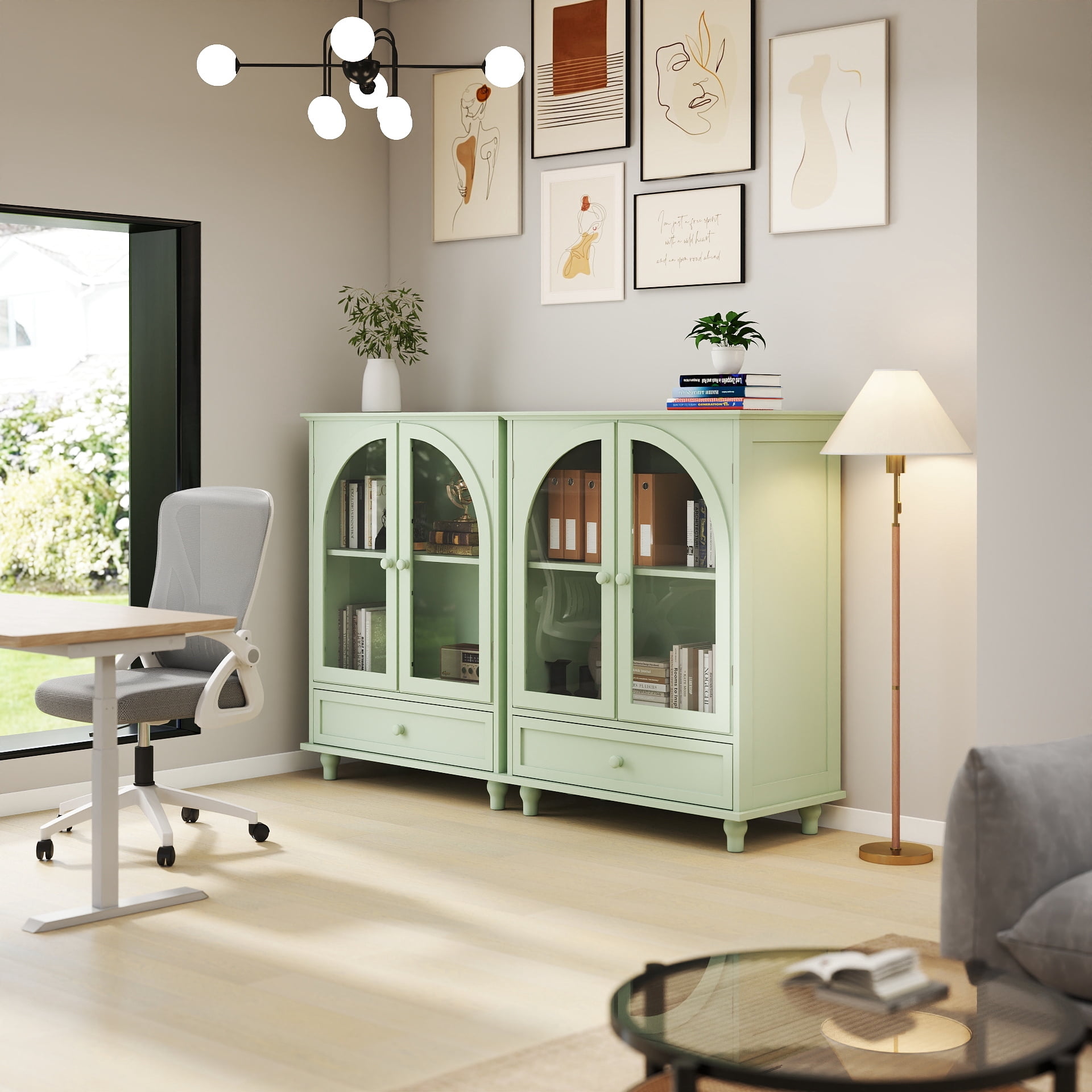 Farmhouse Sideboard with Double Arched Glass Doors, Green Storage Cabinet with Tiered Top & 1 Drawer for Kitchen, Living Room, Coffee Bar