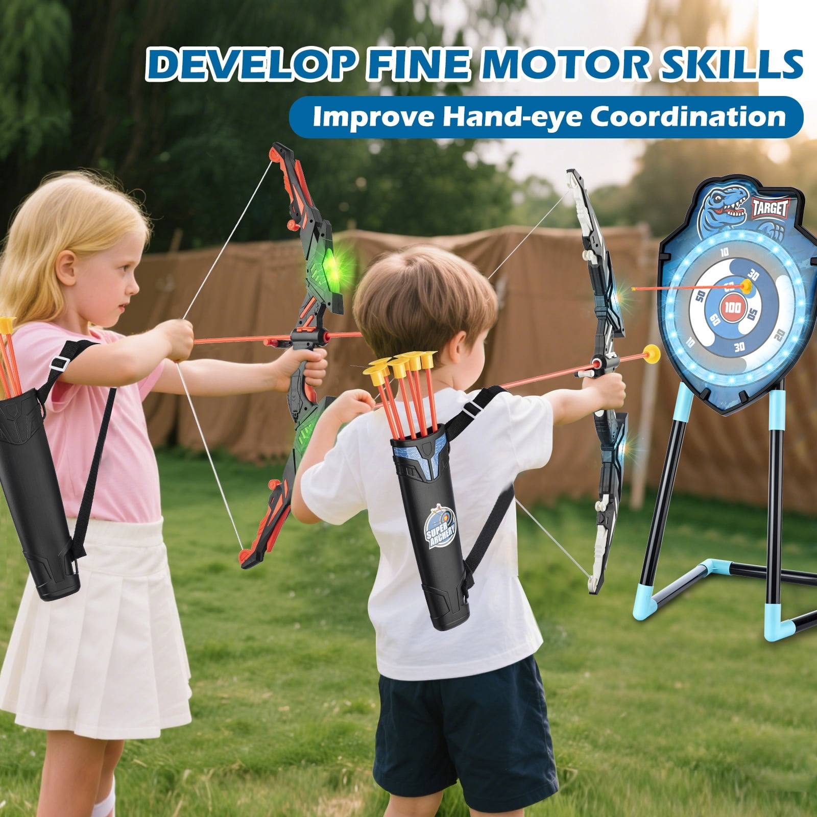 LED Standing Target Archery Set with Bow & Arrows for Kids 4-12 Years Old, Outdoor Sports Toy Boys & Girls (Blue/Green)