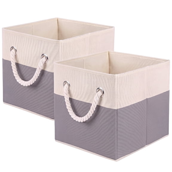 PinkSheep 2 Pack Cube Storage Bins with Rope Handles,11" Collapsible Fabric Storage Bin,Foldable Storage Cube Organizer Baskets,Gray