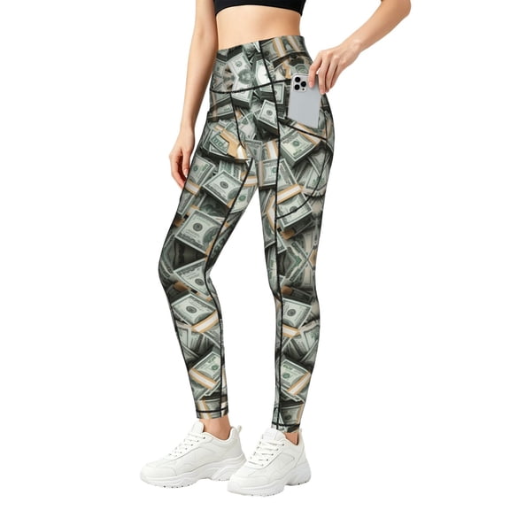 Dollars Pattern High Waisted Yoga Pants with Pockets Leggings for Women Tummy Control Workout Leggings Small