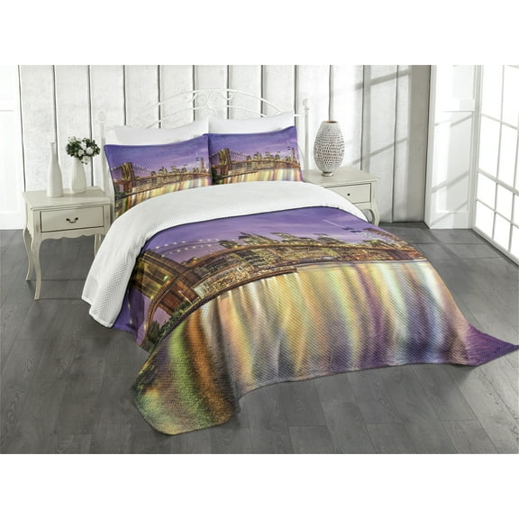 Ambesonne Citylife Quilted Bedspread Set 3 Pcs, Colorful Night Scenery NYC, Queen Size, Purple and Yellow