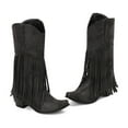 thumbnail image 4 of Fringe Cowboy Boots for Women Vintage Leather Chunky Heel Pull on Tassel Knee High Cowgirl Booties, 4 of 7