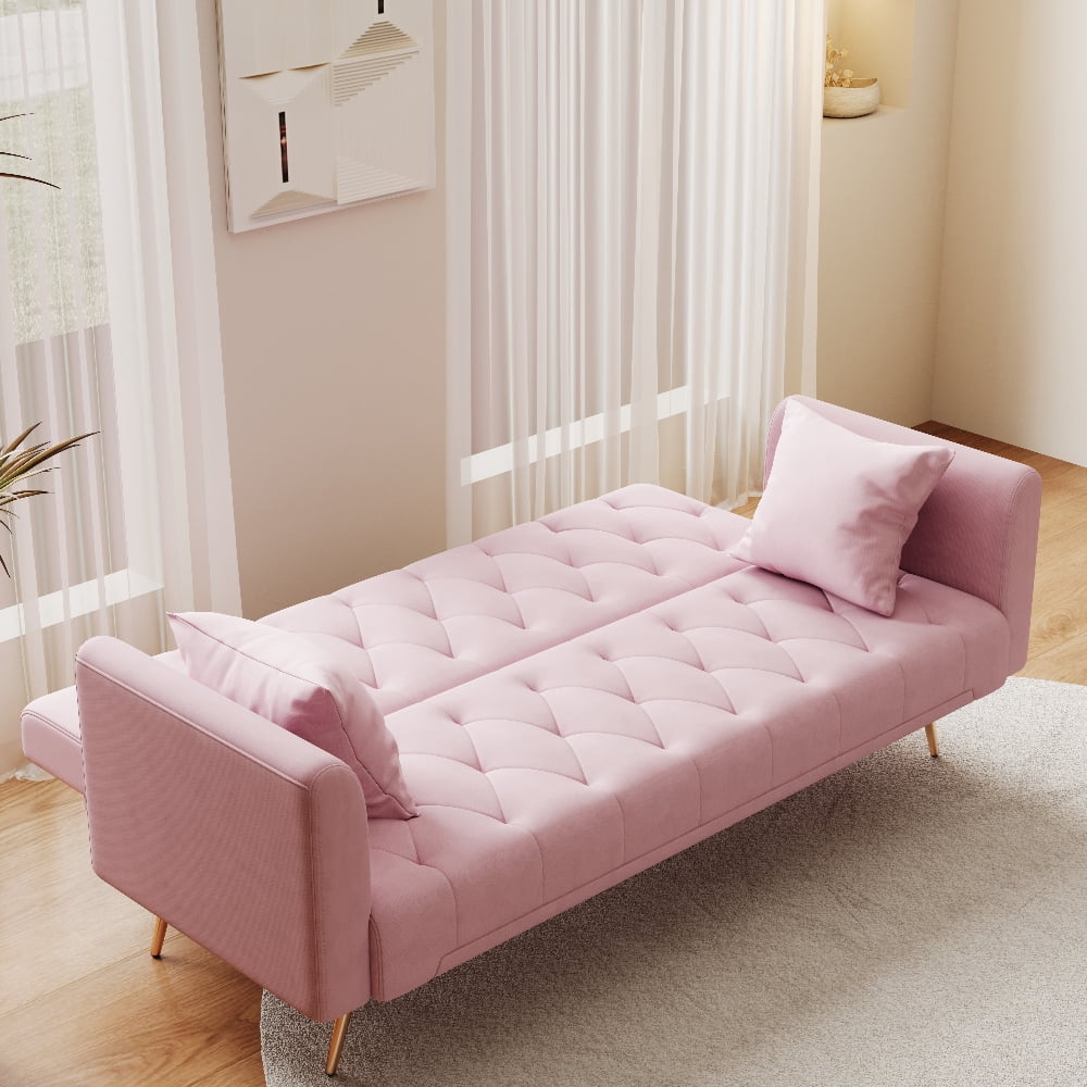 Oufan 71" American Convertible Sofa, Velvet Loveseat with Adjustable Backrest & Metal Legs, 2-Seater Couch for Living Room, Apartment, Pink