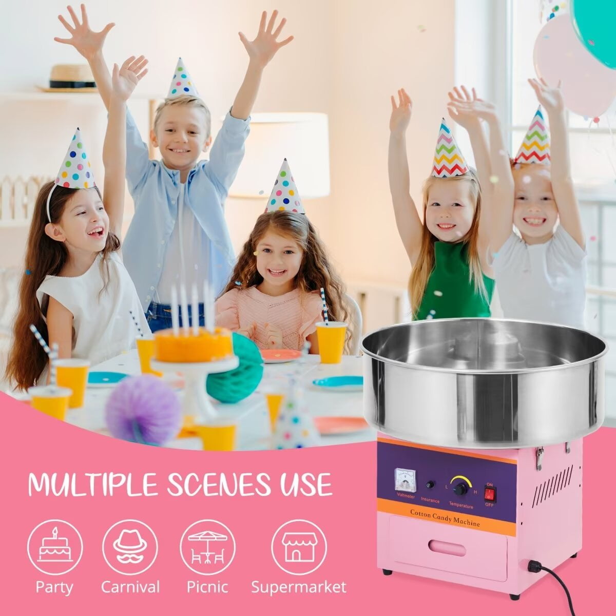 Commercial Cotton Candy Machine, 1000W Electric Cotton Candy Maker with Stainless Steel Bowl for Home Party Carnival, Pink