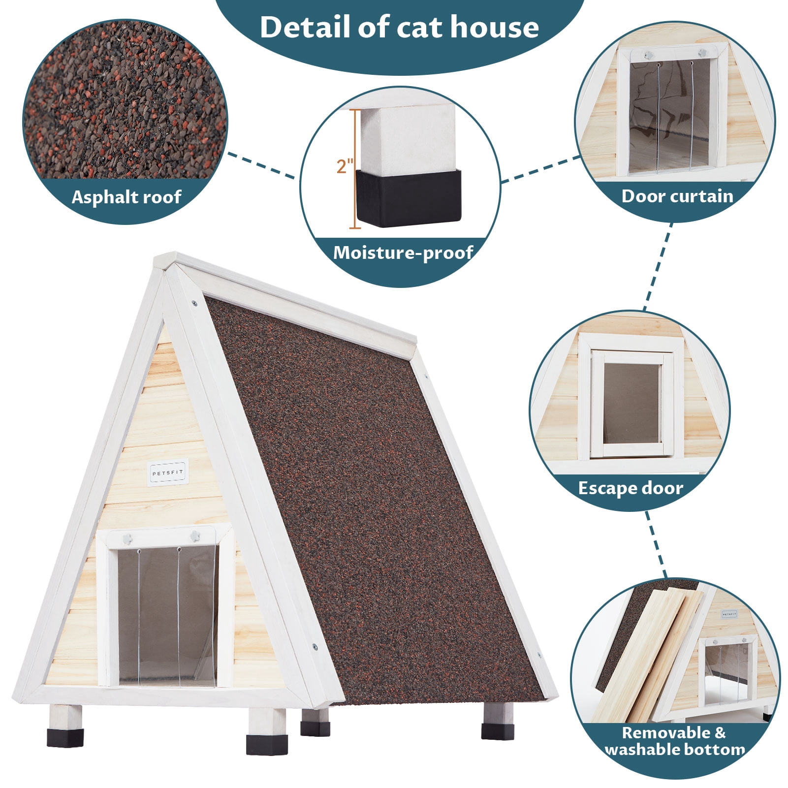 Petsfit Outdoor Cat House ,Outdoor Indoor Pet House with Escape Door for Rabbits,Ferret,Guinea Pig,Dogs and Other Small Animals，Solid Wood