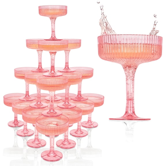 Acrylic Champagne Tower – 20-Piece Stackable Coupe Glass Set - 7 oz, Pink Plastic Champagne Tower for Weddings & Parties