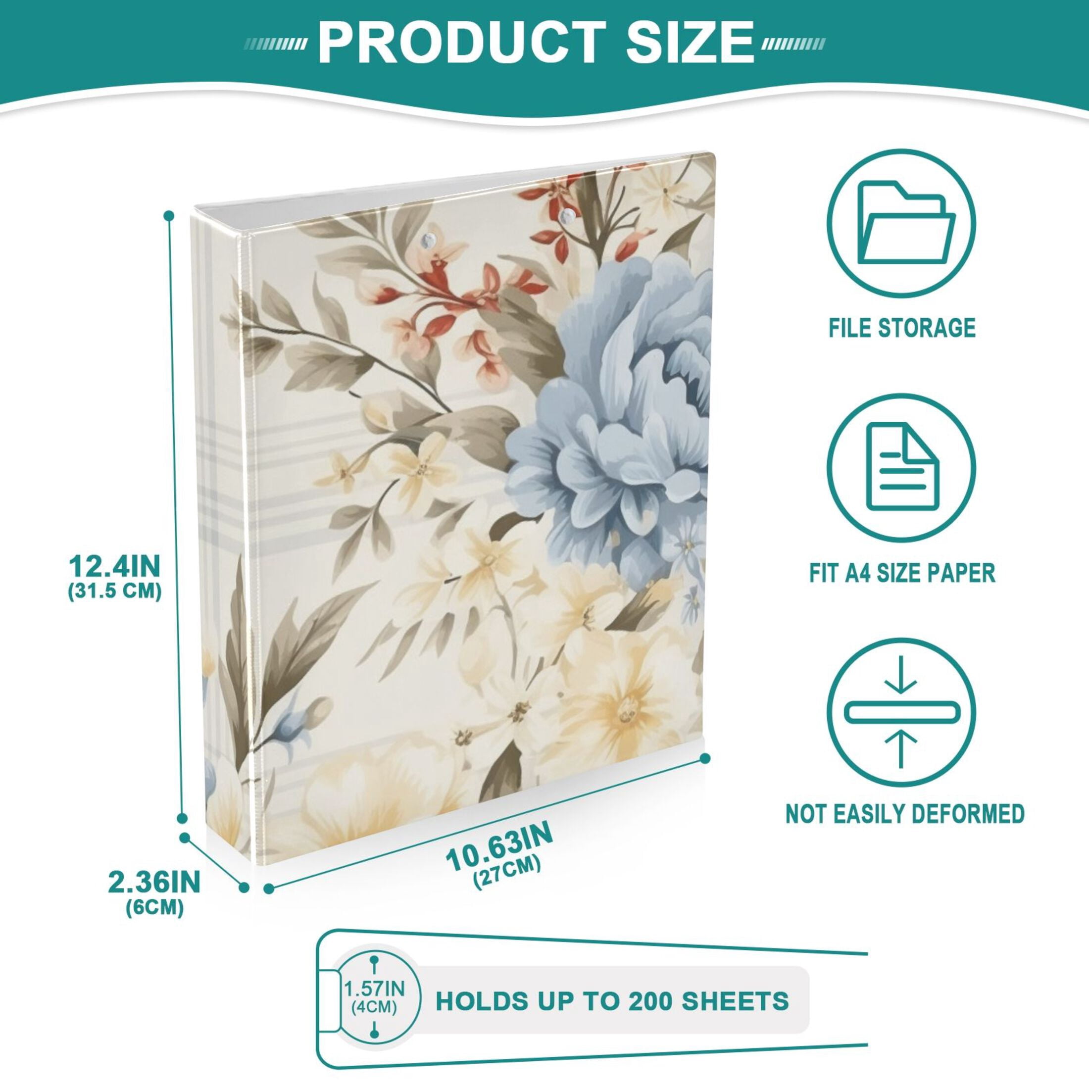 Beautiful Vintage Floral Flower 3 Ring Hardcover Binders 1.5" Round Rings for Letter-Size Folder Paper Organizer Pockets for Office Student Recipe 2 Pack