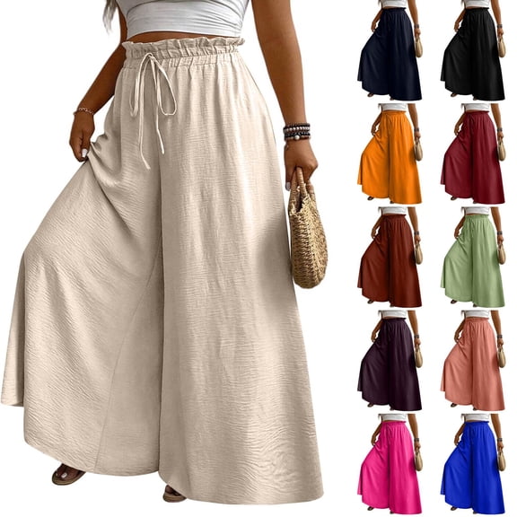 Palazzo Wide Leg Pants Woman Solid Color Flowy High Waisted Pants 2026 Elastic Waist Drawstring Trousers Summer Plus Size Casual Spring & Summer Vacation Pants 2026 Beige XXL