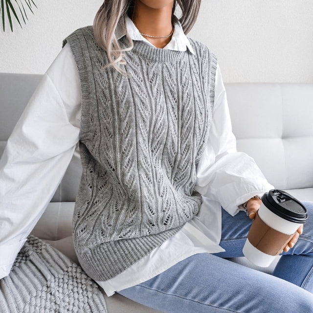 Suéter de punto informal con cuello redondo y hojas huecas para mujer, estilo europeo y americano, para otoño e invierno