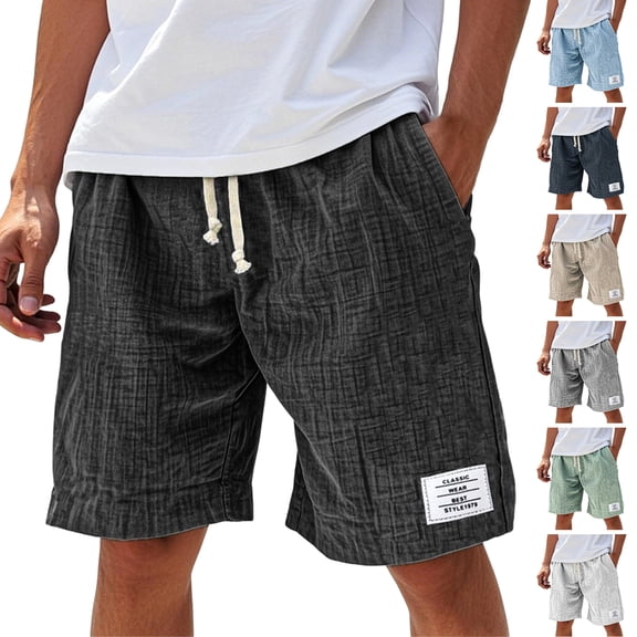 LWavelet Men's Casual Shorts Summer Beach Solid Color Elastic Waist Drawstring Knee Length Breathable Linen Shorts,Black XL