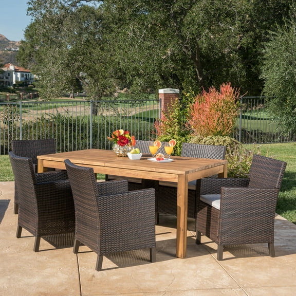 Miya Outdoor 7 Piece Wicker Dining Set with Acacia Wood Expandable Dining Table and Cushions, Multibrown, Teak Finished, Light Brown