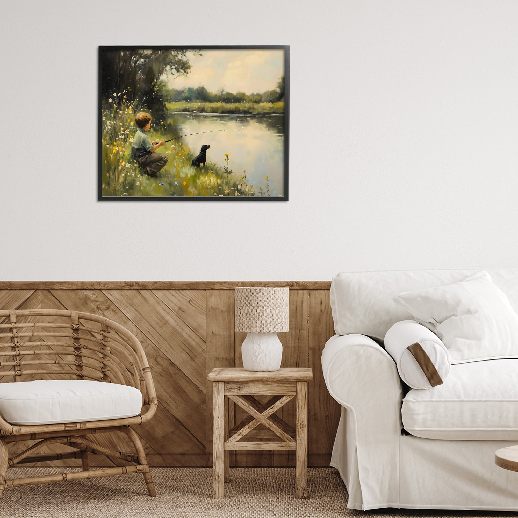 Boy & Puppy Fishing Black Framed Giclee Art, design by Arlington Prints