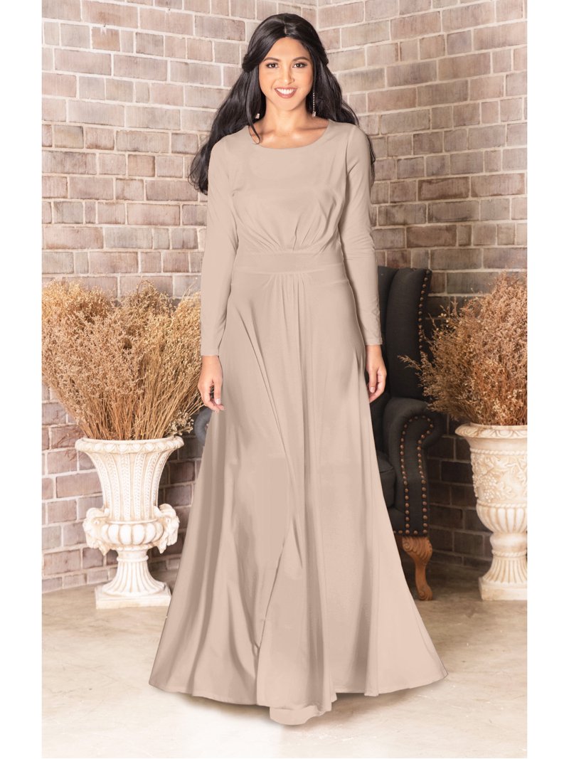 KOH KOH Long Sleeve Modest Fall Winter Elegant Evening Flowy Empire Waist  Full Floor Length Cocktail Formal Tall Pleated Maxi Dress Gown Abaya For  Women Nude Champagne Brown XXX-Large US 22-24 NT009 -